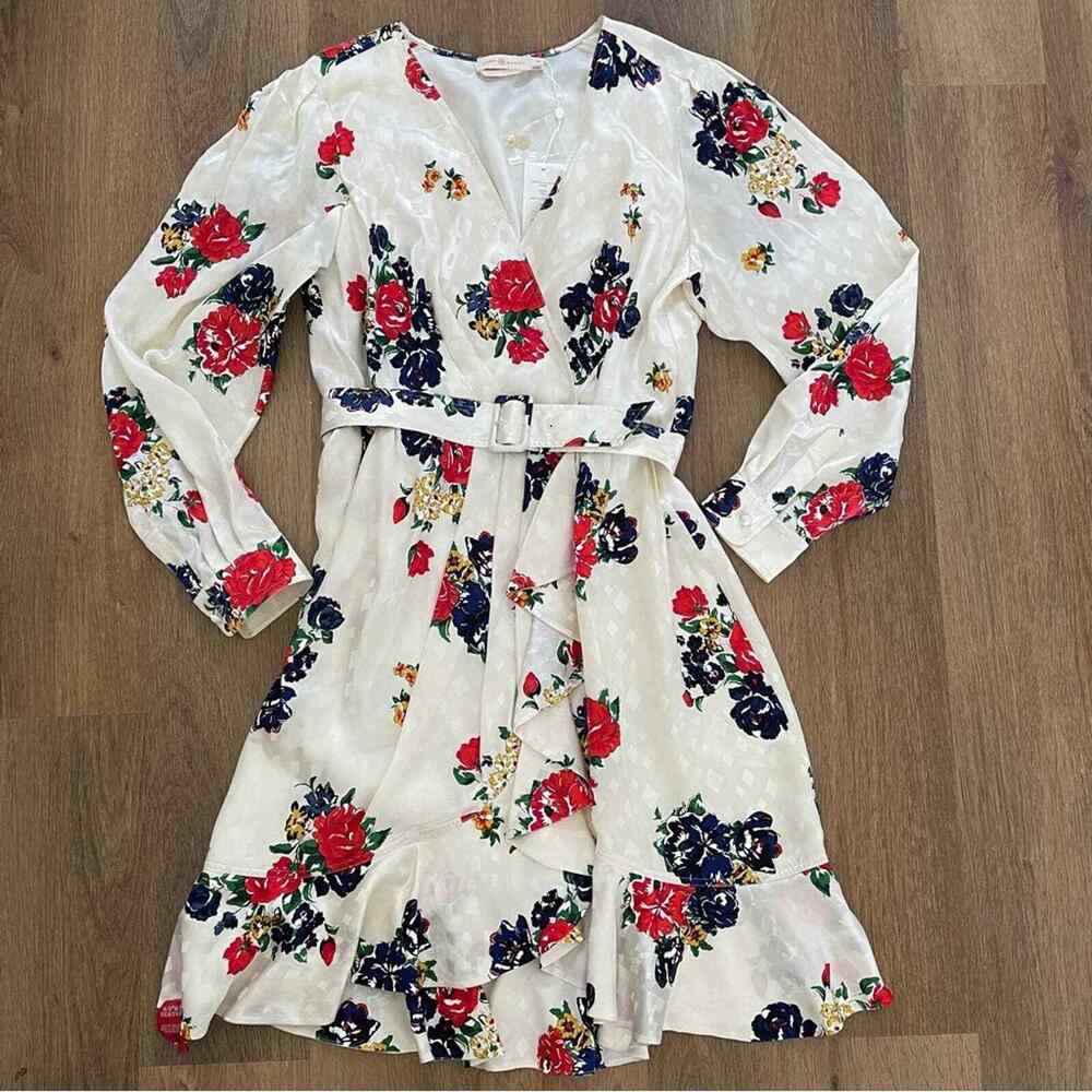 Tory Burch White Multicolor Ruffle Floral Printed Silk Wrap Dress Belted 10 NWT